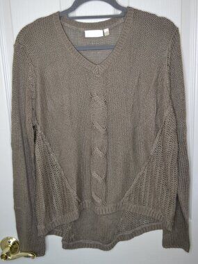 RD Style Beige Knit Sweater Large V Neck Lightweight Neutral Minimalist Boho Pul